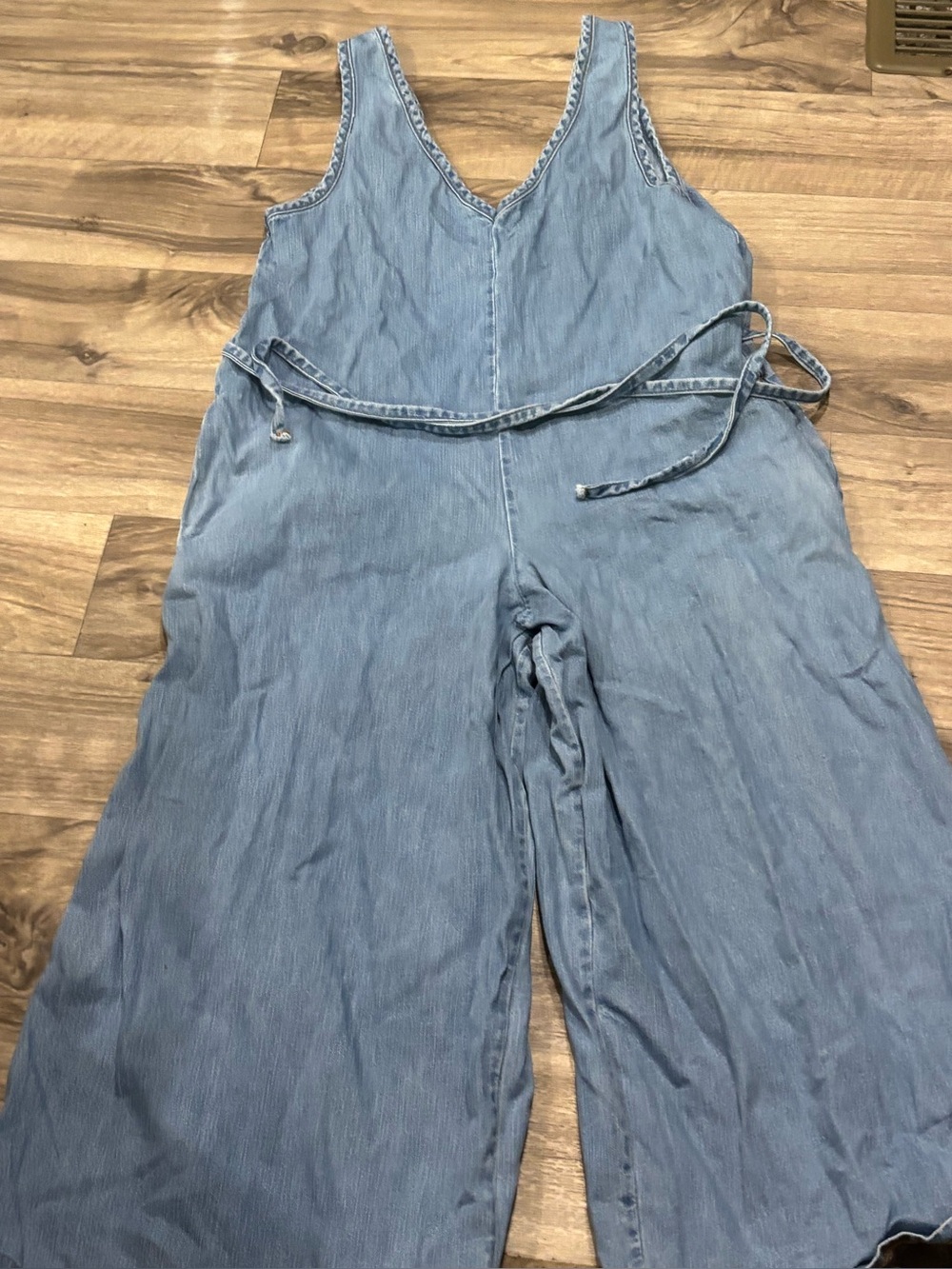 ASOS Light Blue Denim Wide-Leg Jumpsuit with Waist Tie